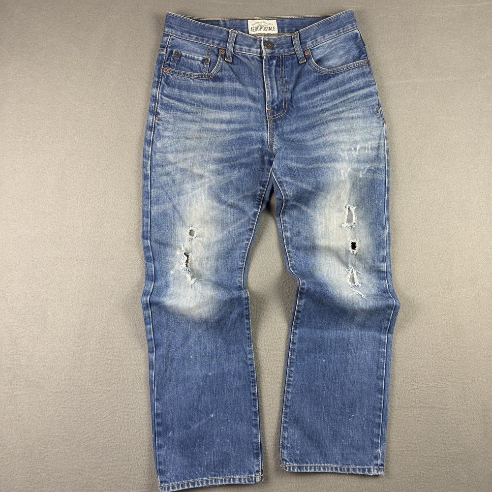 Aeropostale Driggs Slim Bootcut‎ Mens Distressed Blue Jeans 30x30 Ripped Trashed